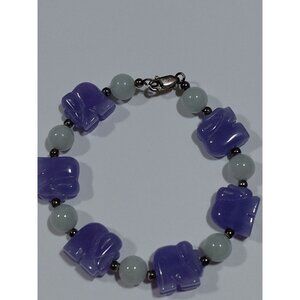 Vtg Lavender & Green Jade Elephant Beaded Bracelet With Silver Clasp Sz 6.25